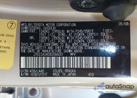 2008 Toyota Highlander Limited из США, поврежденный, VIN JTEES42A082086001